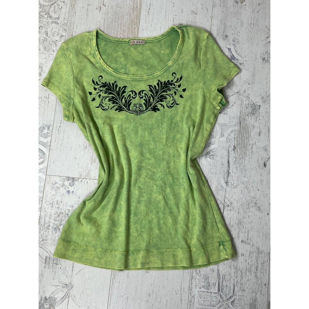Xcit USA Womens PXL Green Acid Wash Velvet Flocking Rhinestone Y2K Graphic Tee